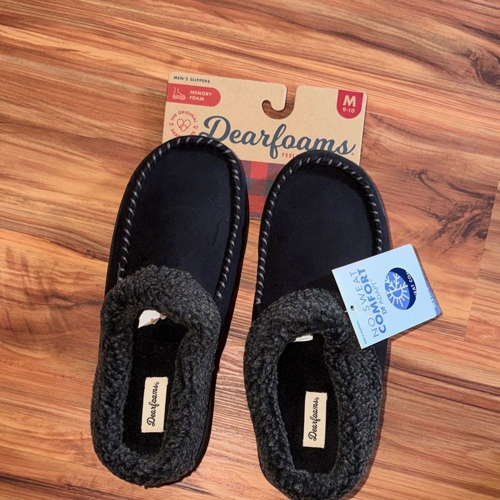 dearfoams Black Knit-Collar Memory Foam Slippers